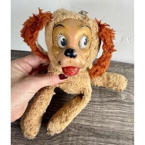 Vintage Lady Dog Plush w Hard Plastic Face Snap Strap 9 Inch Stuffed Toy